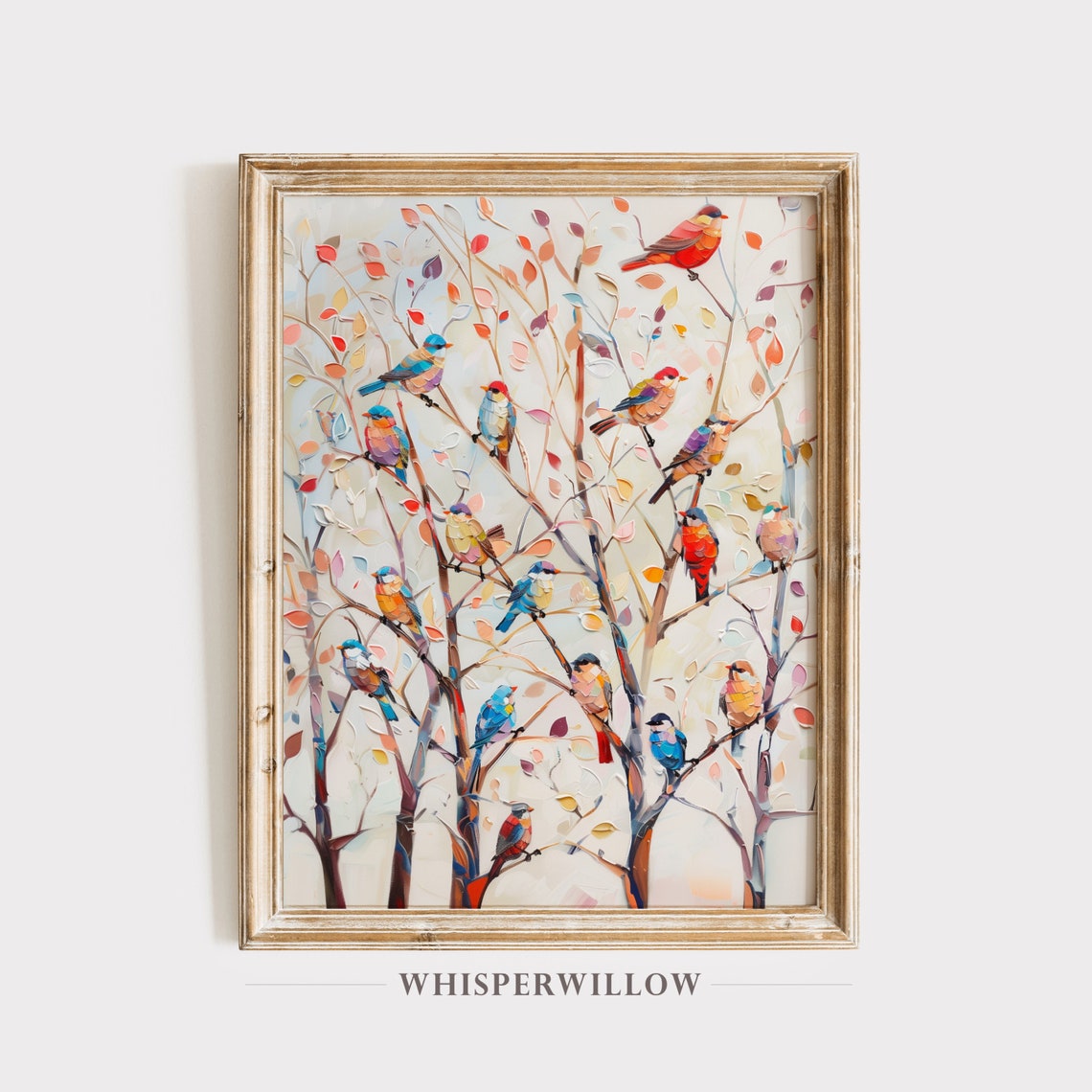 Colorful Birds Perched on Bare Branches Textured Oil Painting Poster
