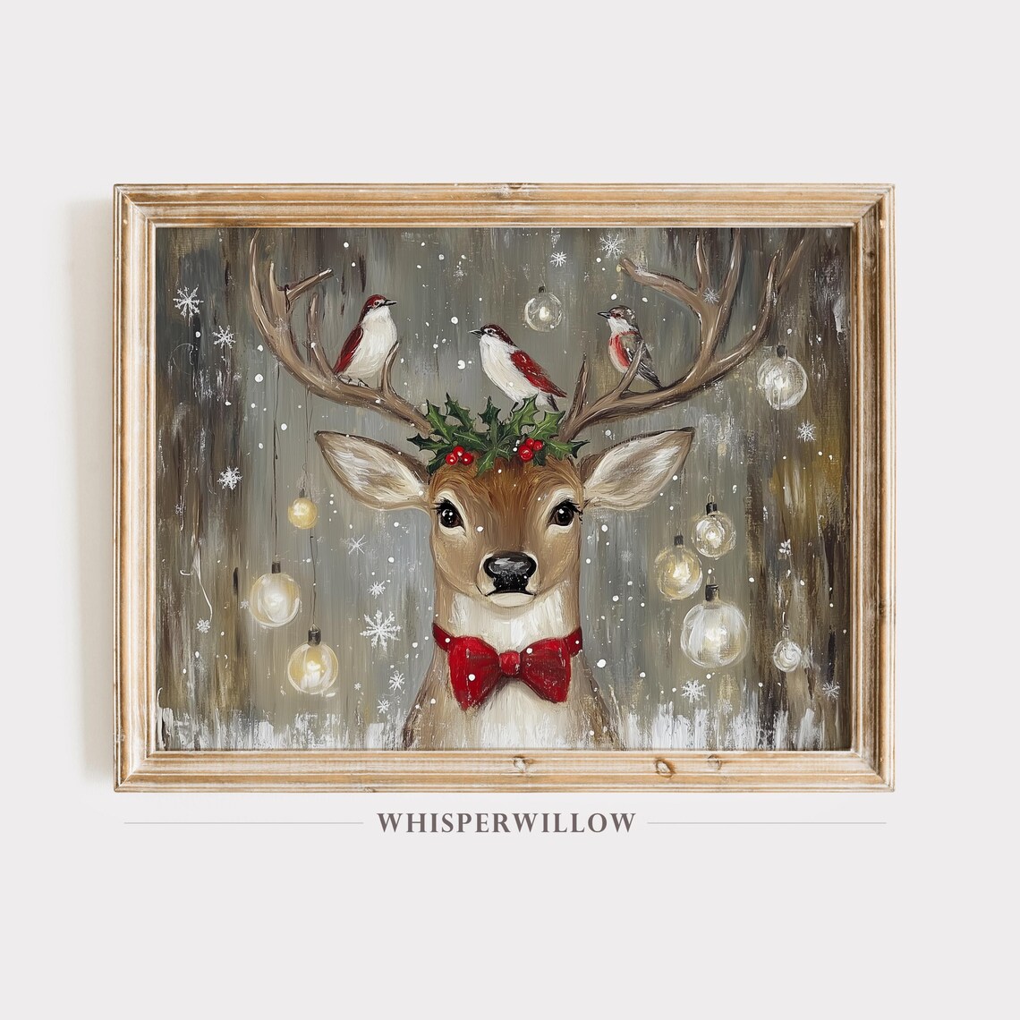 Christmas Deer Birds Antlers Holly Crown Red Bow Tie Ornaments Poster