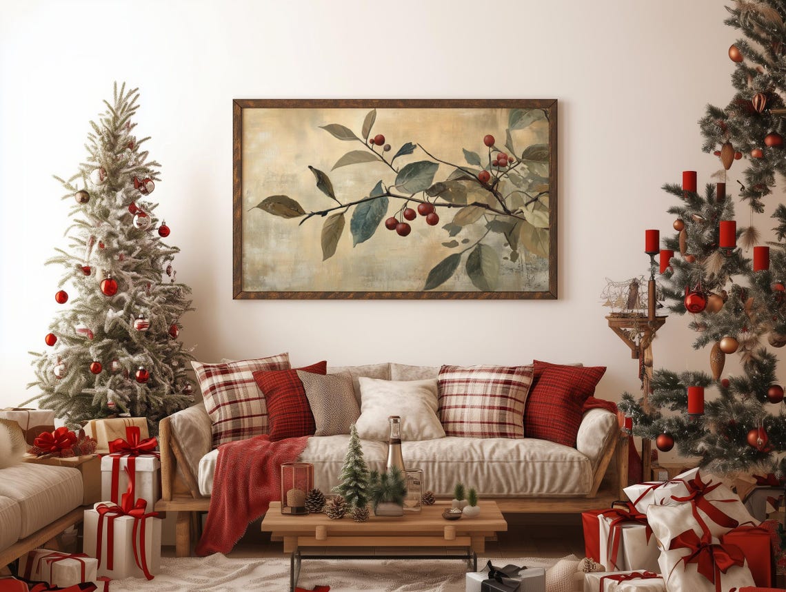Red Berry Tree Branch Vintage Style Botanical Painting Poster - Image 2