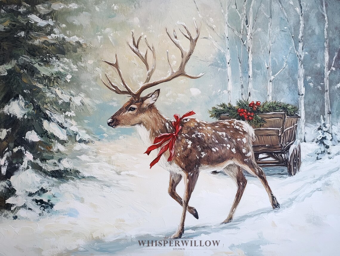 Christmas Reindeer Sleigh Cart in Snowy Birch Woods Winter Poster - Image 6