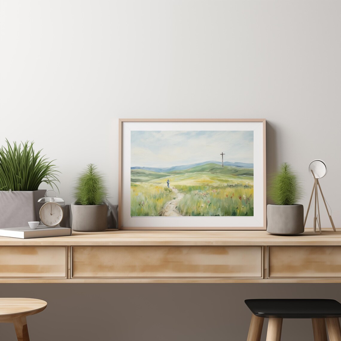 Cross on a Green Hill Christian Faith Meadow Landscape Art Poster - Image 2