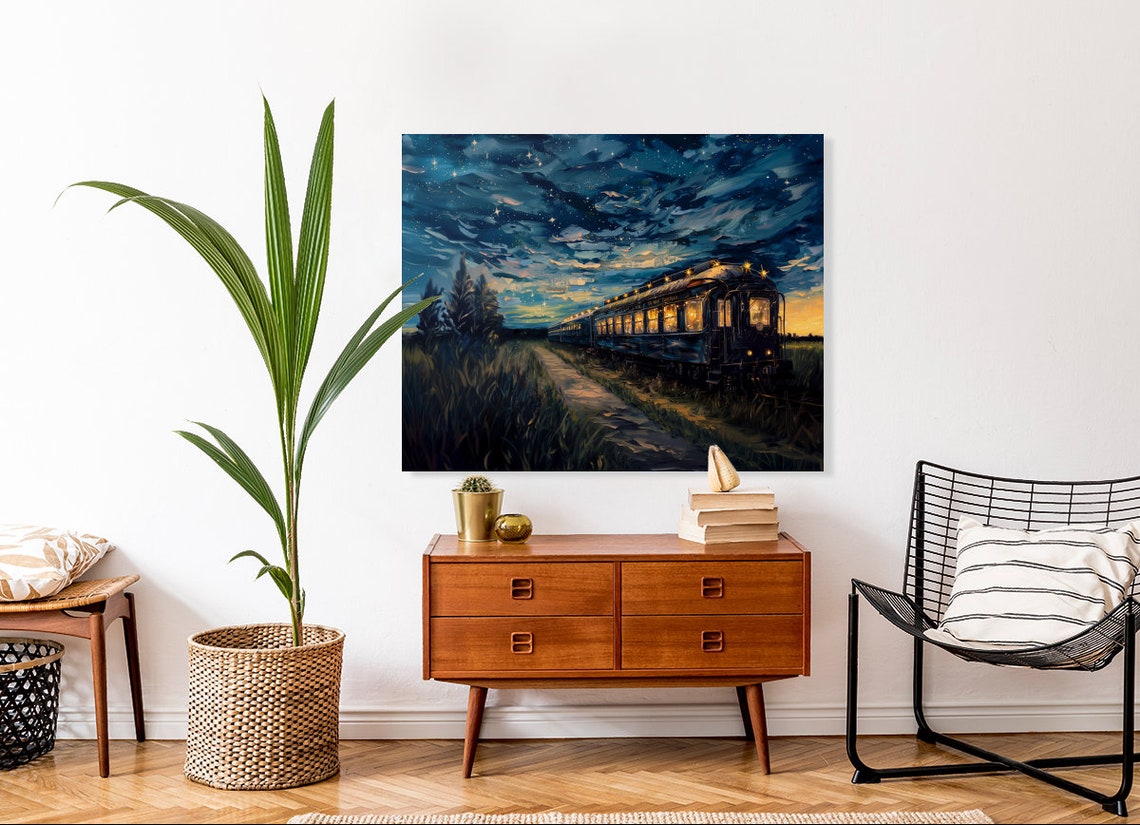 Glowing Vintage Train Parked Beneath a Starry Night Sky Poster - Image 2