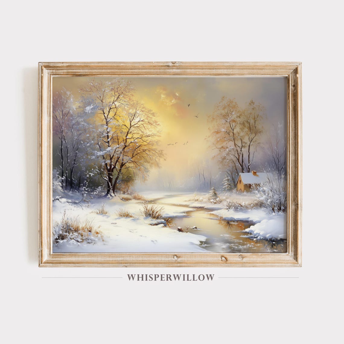 Winter Sunrise Glowing Over Snow Covered Stream and Cabin Poster