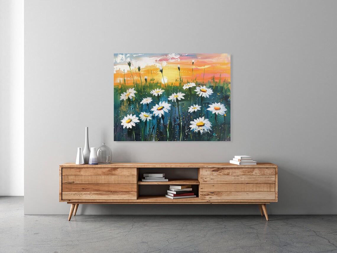 White Daisies at Sunset Colorful Impasto Flower Painting Poster - Image 2