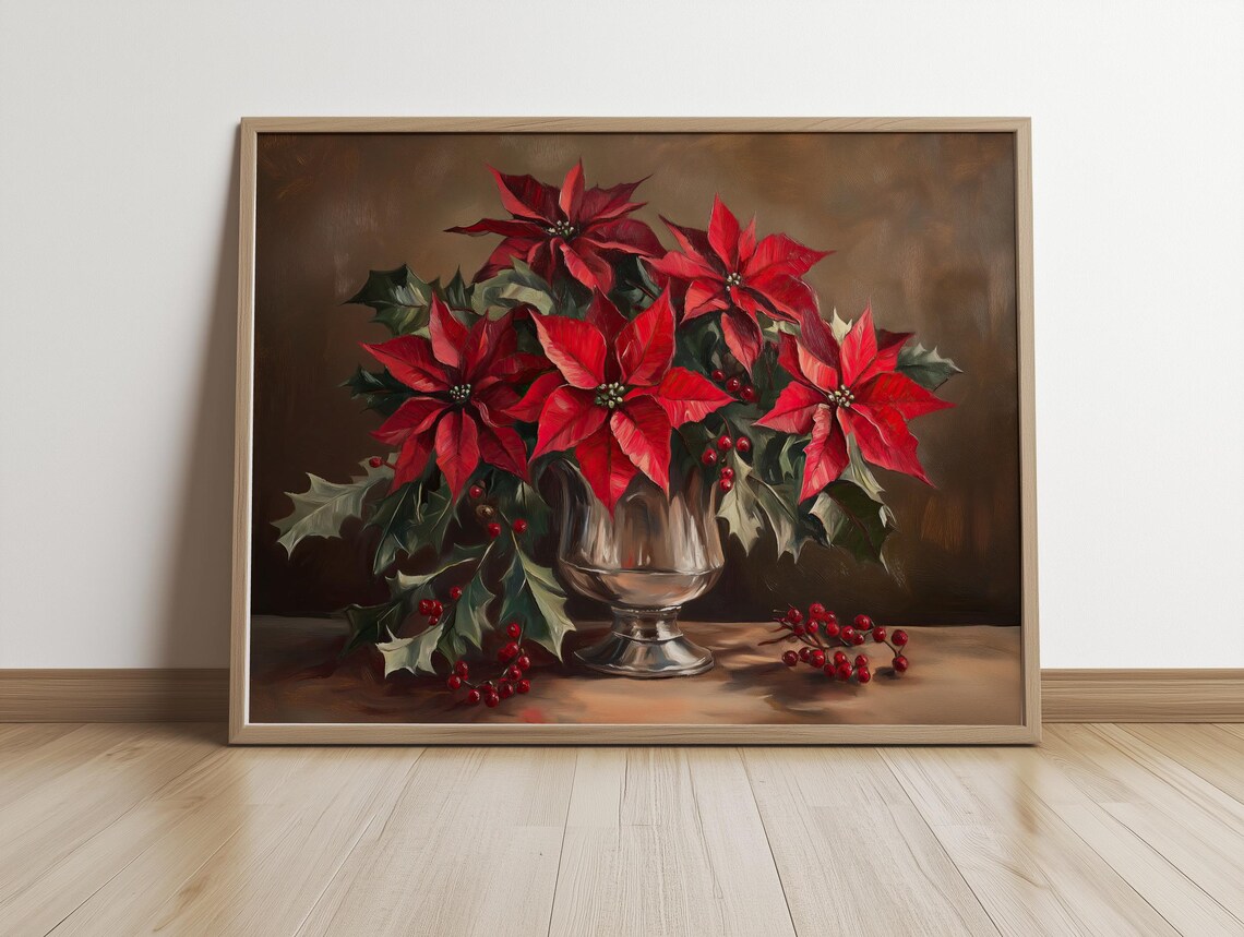 Vintage Red Poinsettia Still Life with Holly Berries Christmas Poster - Image 4