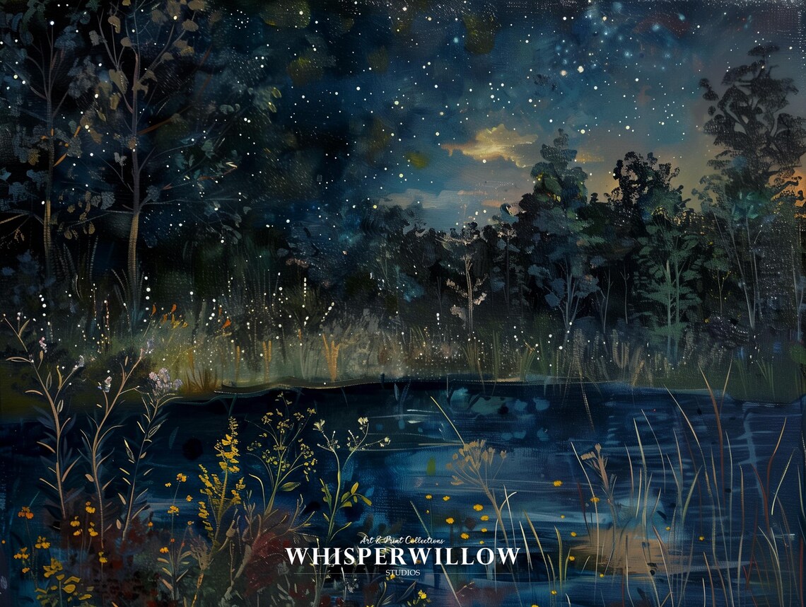 Starry Night Sky Lake Wildflower Reflections Whimsical Fireflies Painting Poster - Image 6
