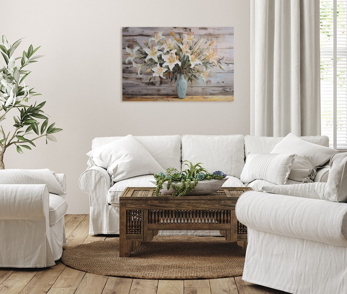 White Easter Lilies Blue Vase Rustic Weathered Wood Floral Poster - Image 4