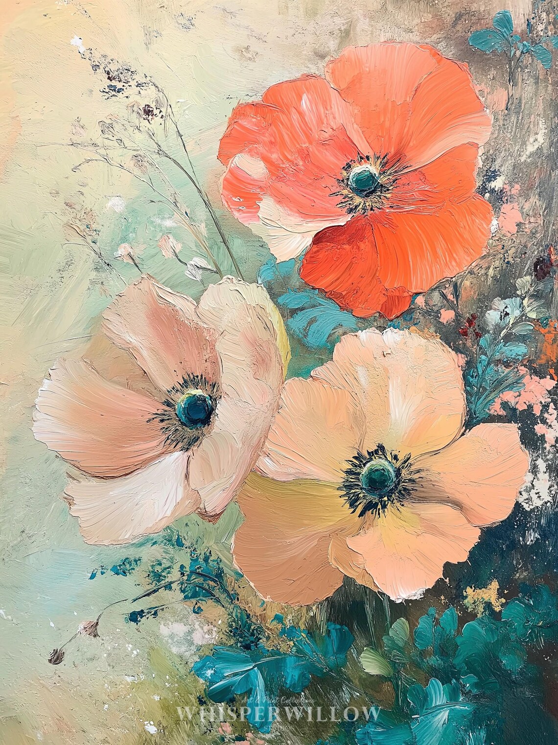 Large Coral and Peach Poppy Flowers Impasto Oil Painting Poster - Image 6