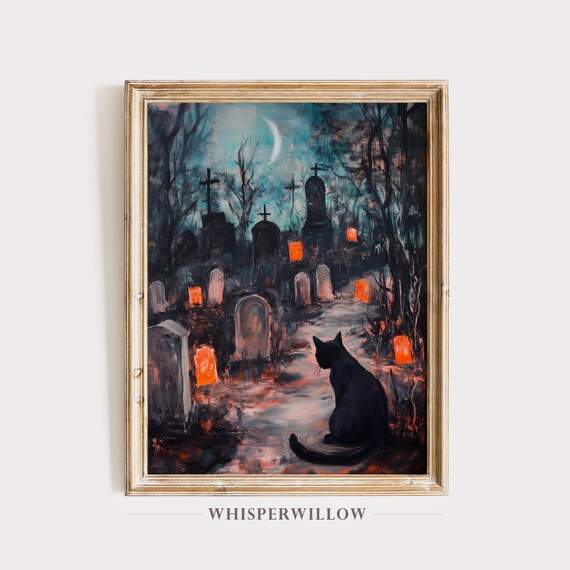 Black Cat in a Moonlit Cemetery Halloween Pumpkin Art Poster