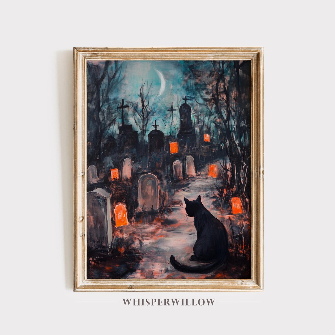 Black Cat in a Moonlit Cemetery Halloween Pumpkin Art Poster