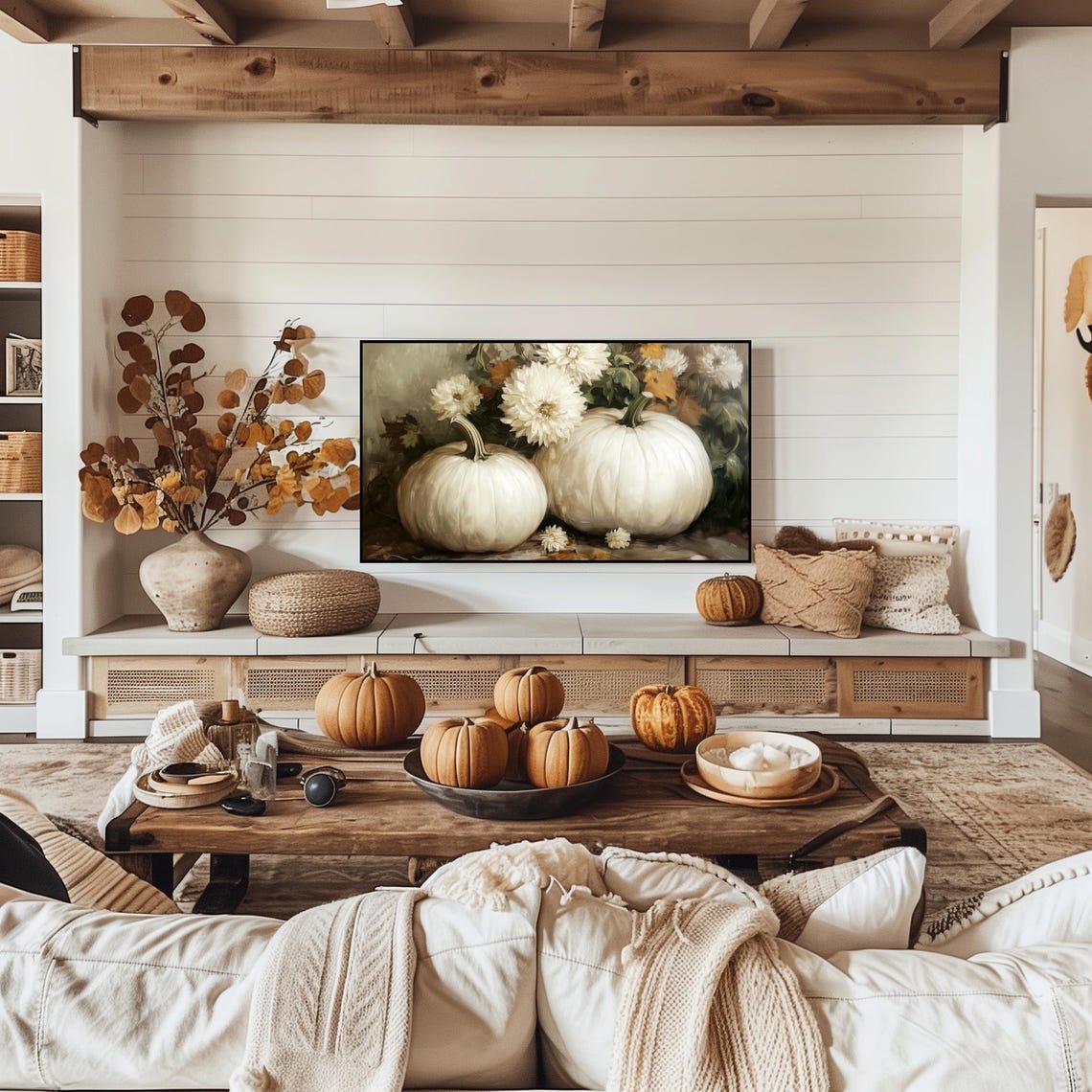 White Pumpkins Autumn Painting Vintage White Flower Frame Poster - Image 6