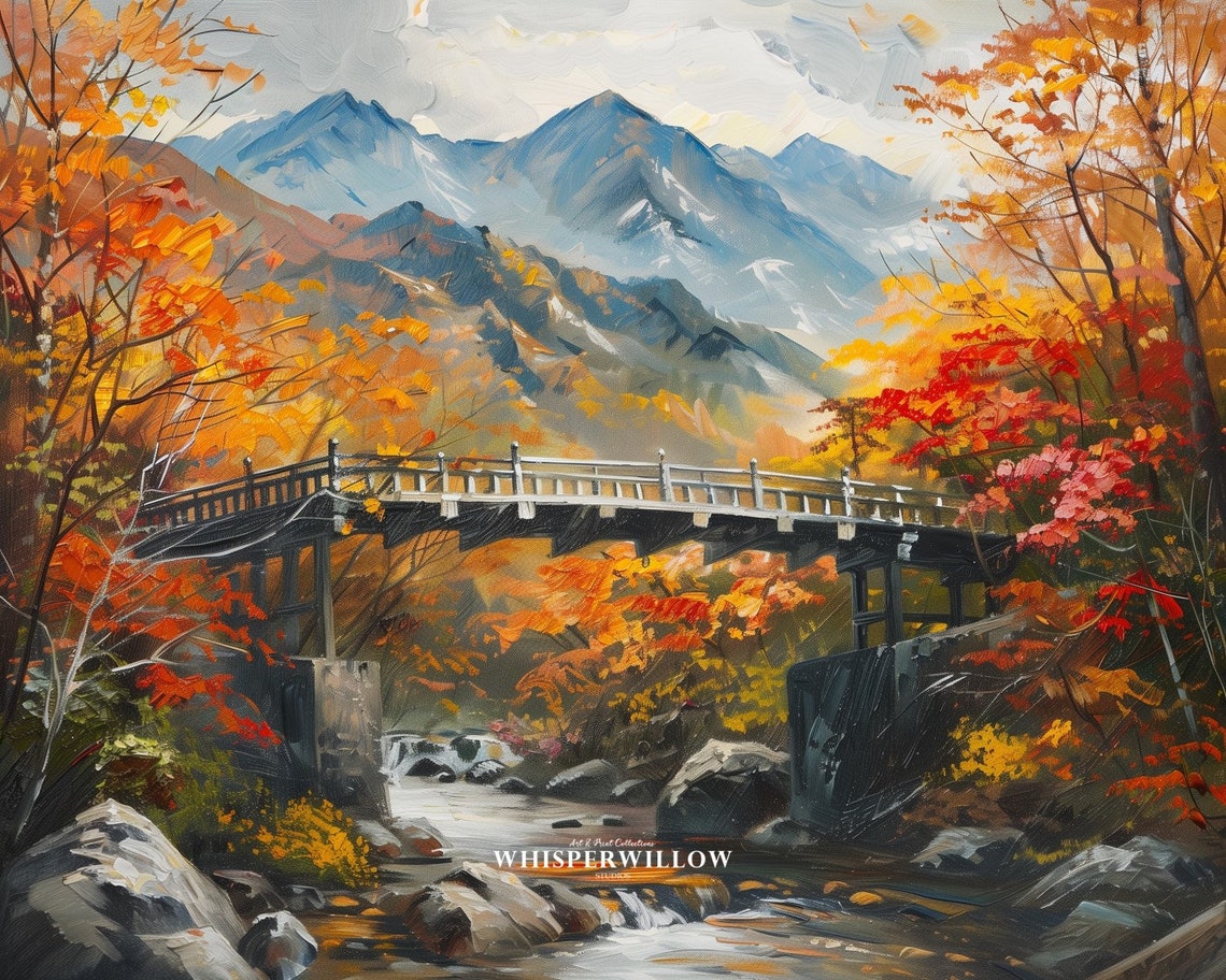 Bridge Mountain Landscape Painting Fall Colors River Scene Poster - Image 6