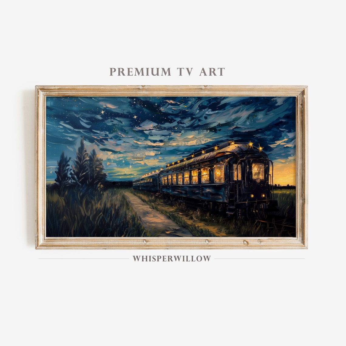 Glowing Vintage Night Train Under a Swirling Starry Sky Poster