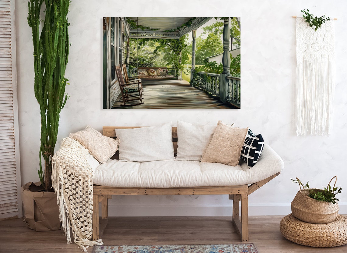 Charming Sunlit Farmhouse Front Porch with Rocking Chair Poster - Image 3