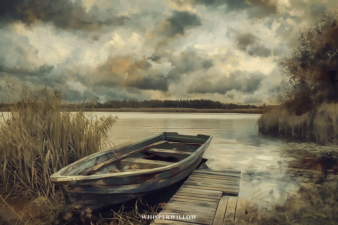 Weathered Rowboat At Lakeside Dock Moody Vintage Oil Painting Poster - Image 6