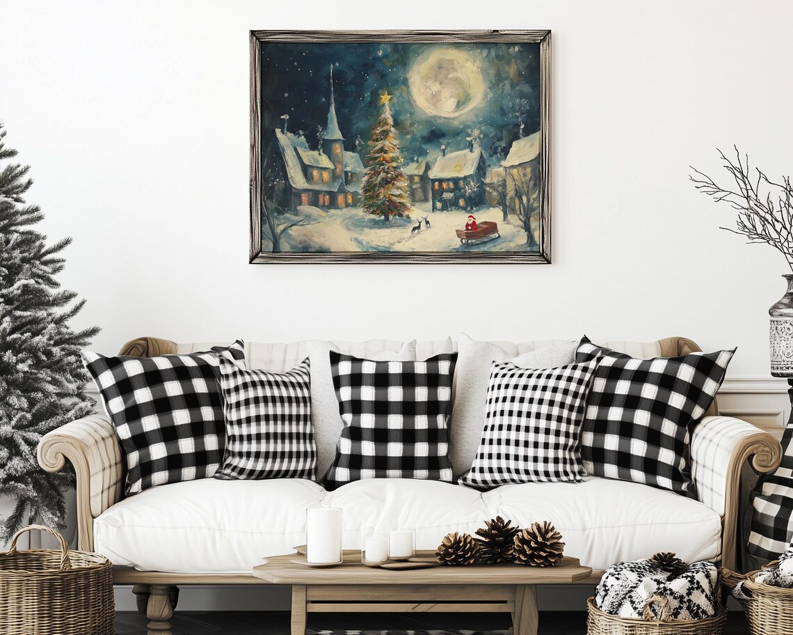 Magical Christmas Village Santa Sleigh Full Moon Snowy Night Poster - Image 5