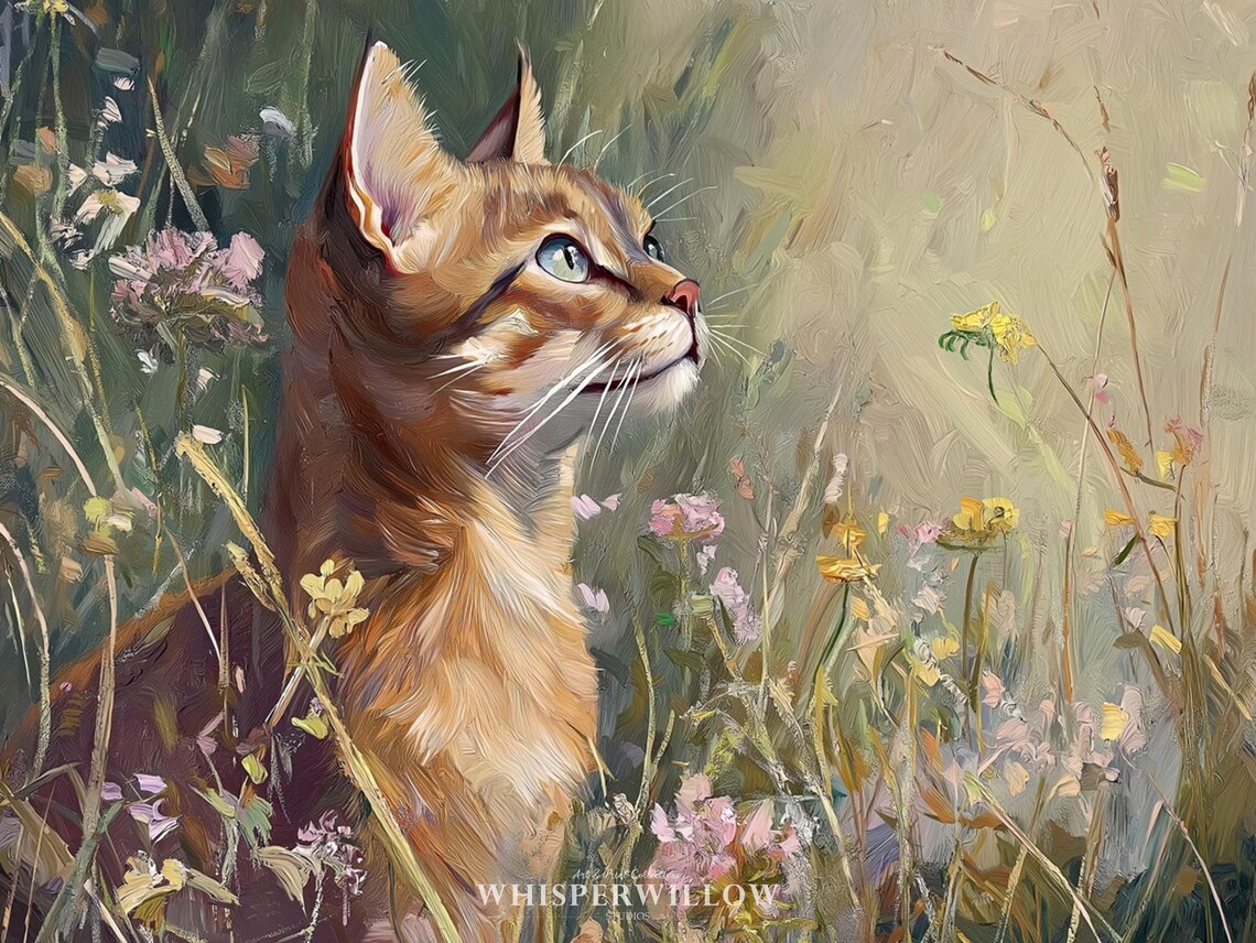 Abyssinian Cat Gazing Upward Wildflower Meadow Side Profile Painting Poster - Image 6