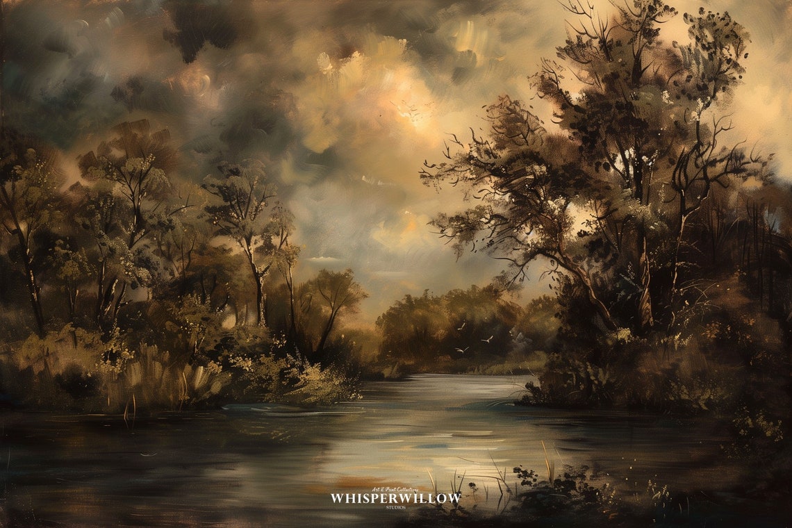 Moody Golden River Stormy Sky Dark Forest Vintage Landscape Poster - Image 6