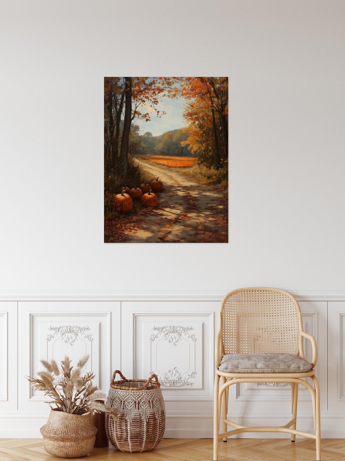 Pumpkin Lined Autumn Woodland Path Fall Foliage Vintage Poster - Image 3