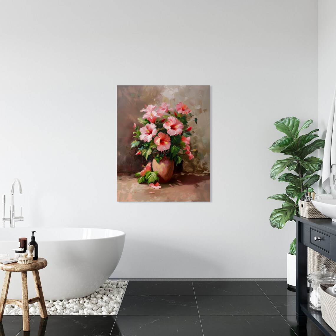 Pink Hibiscus Blooming in Vase Vintage Style Floral Painting Poster - Image 5