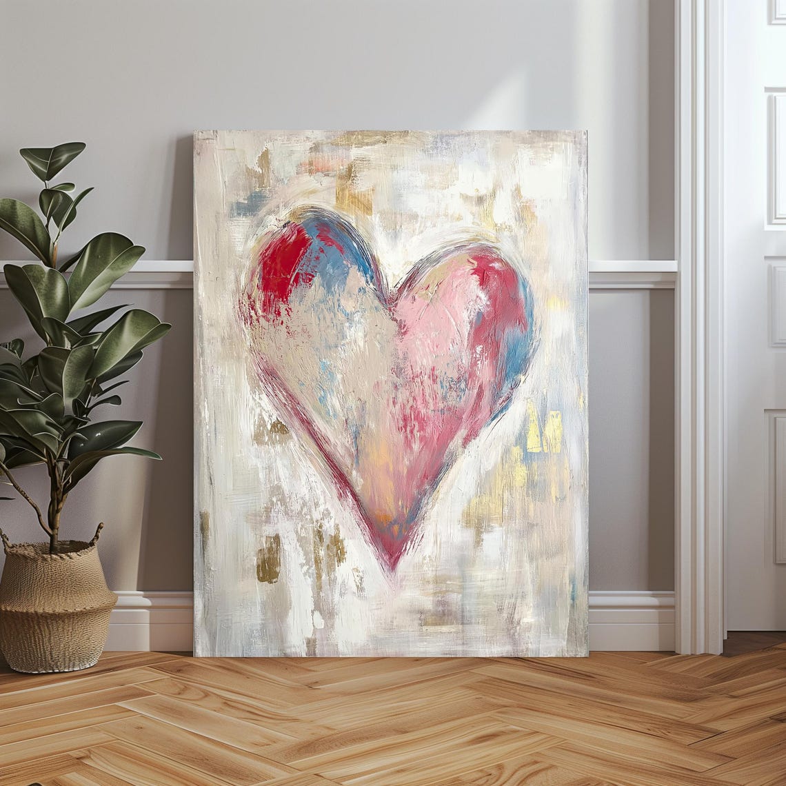 Large Textured Painted Heart in Pink Blue and Cream Art Poster - Image 2