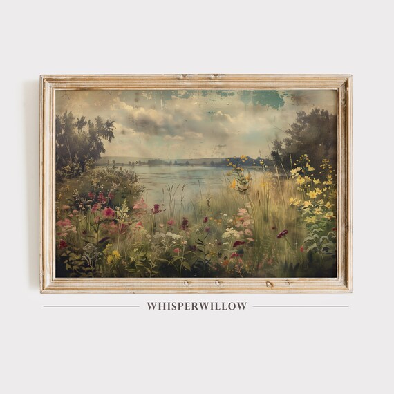 Wildflower Summer Lake Landscape Vintage Painting Scenic Poster