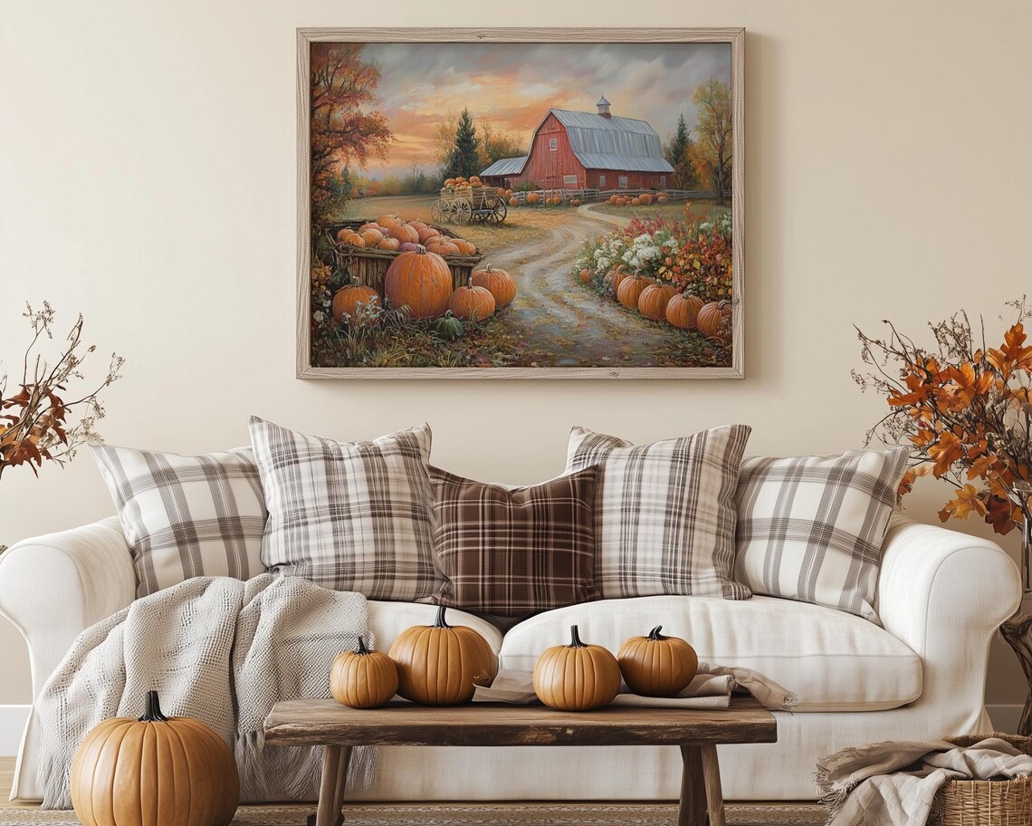 Rustic Red Barn Pumpkin Farm Autumn Art Print - Image 2