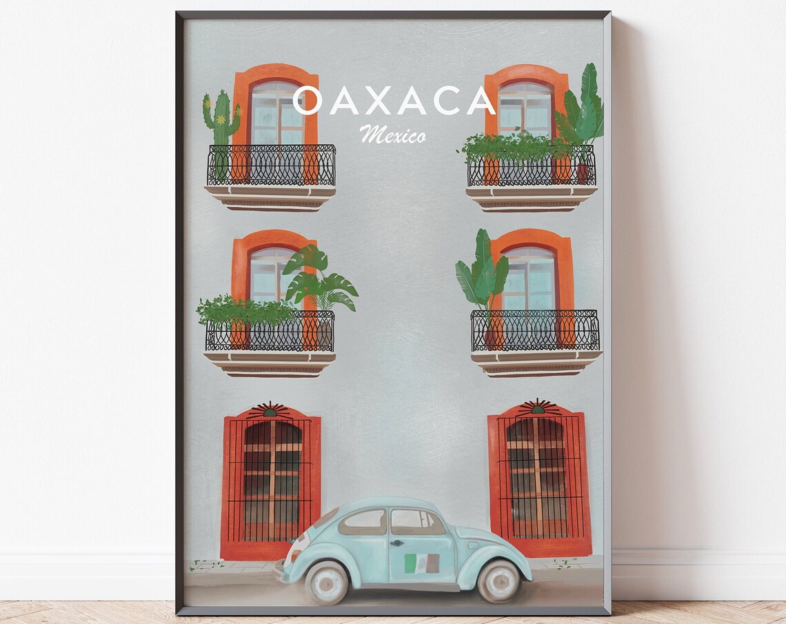 Oaxaca Mexico Blue Volkswagen Beetle Terracotta Balcony Flower Poster