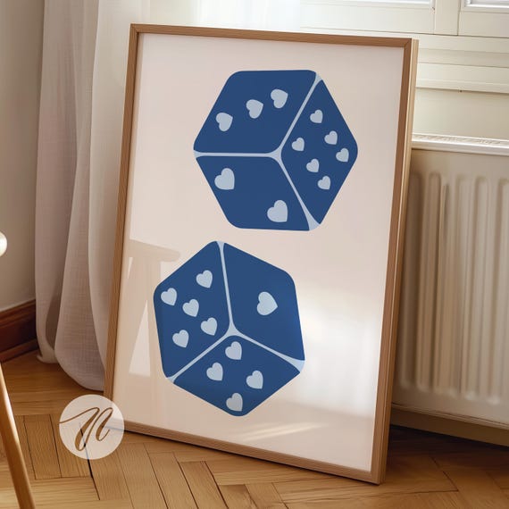 Cute Dice Print Trendy Wall Art Blue And White Poster Preppy Decor Retro Bar Cart Navy
