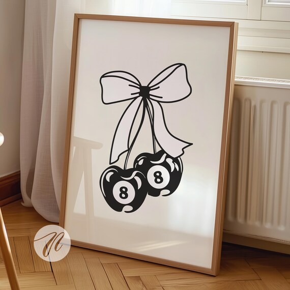 Lucky 8 Ball Cherries Black Ribbon Bow Trendy Decor Wall Poster
