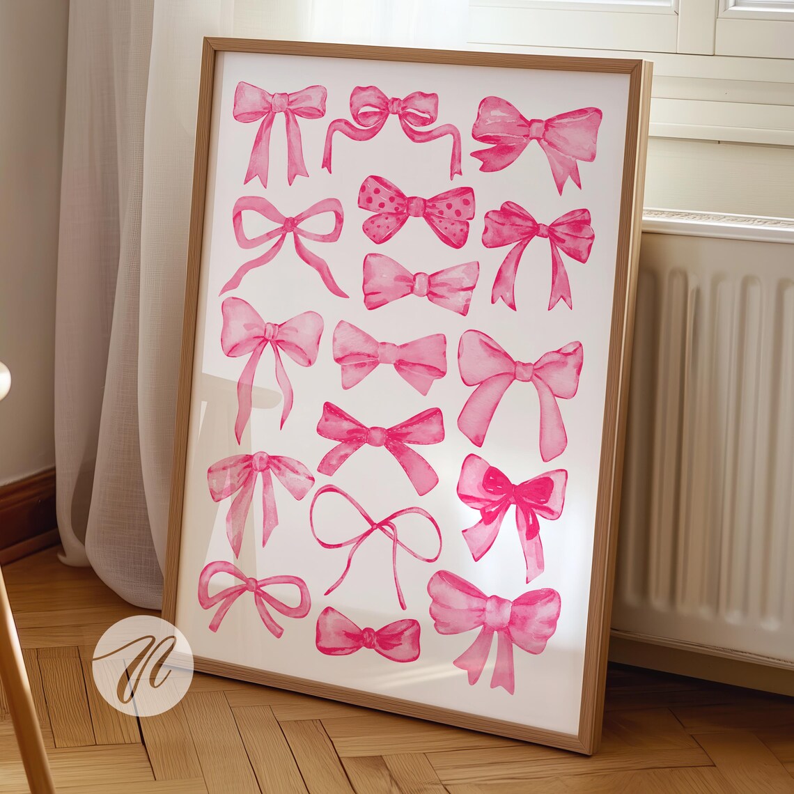 Pink Watercolor Bow Chart Poster Coquette Balletcore Blush Ribbon Decor
