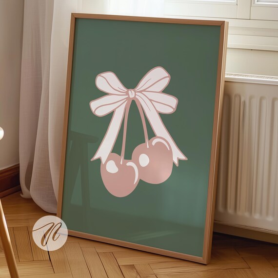 Pink Bow and Cherries Coquette Botanical Hand Drawn Art Poster