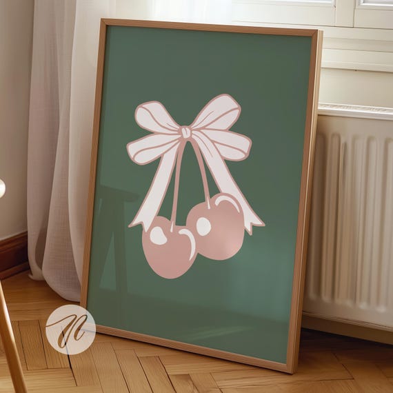Pink Green Bow Cherry Poster Hand Illustrated Wall Art Prints Trendy Preppy Room Coquette College Apartment Decor