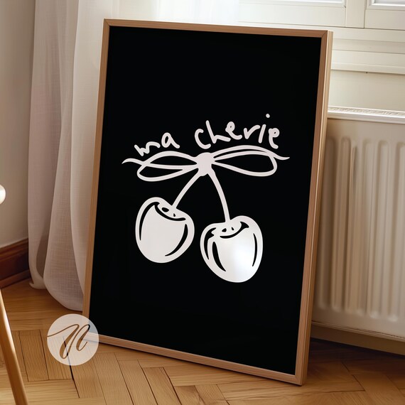 Ma Cherie White Cherry Bow Line Art Coquette Black Wall Poster