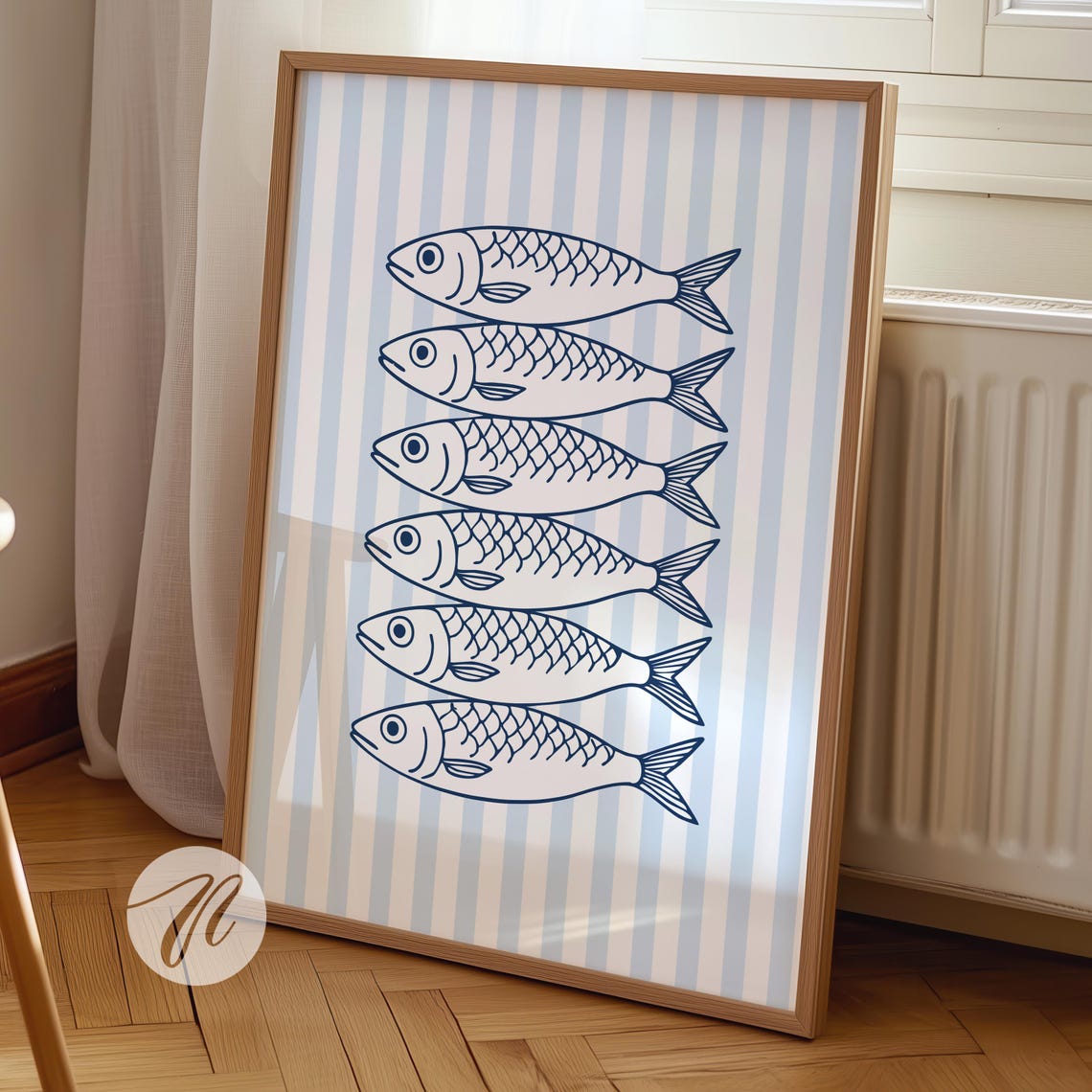 Six Blue Sardines Line Art Striped Coastal Kitchen Decor Poster
