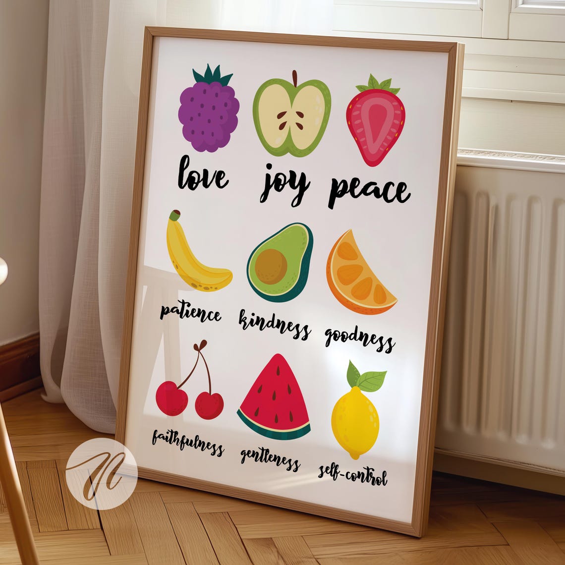 Fruit of the Spirit Bible Verse Cute Illustrated Fruit Chart Poster