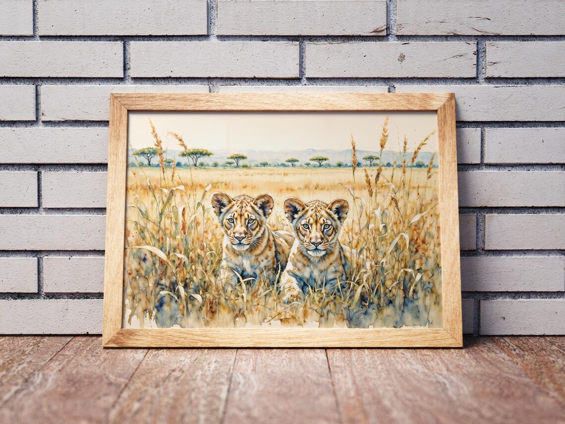 Two Lion Cubs in Golden Savanna Grass Soft Watercolor Poster - Image 2