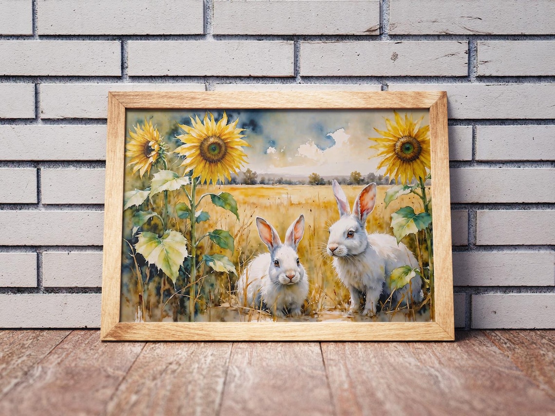 Two White Rabbits Among Sunflowers in Golden Field Watercolor Poster - Image 3