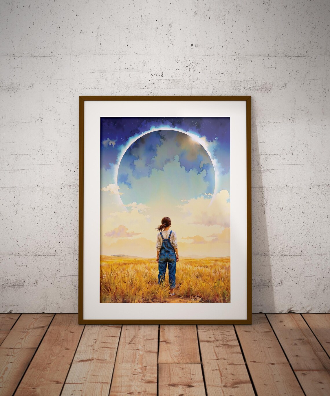 Woman in Overalls Gazing at Giant Ring Planet Watercolor Poster - Image 2