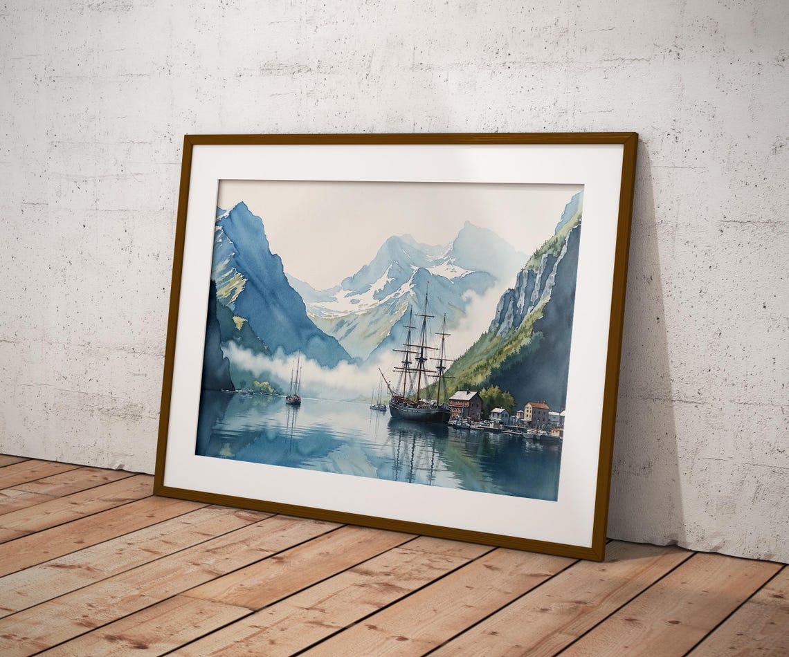 Watercolour Fiord Scene With Three Mast Ship Stunning Landscape Painting Ideal For Nautical Gift Lovers - Image 3