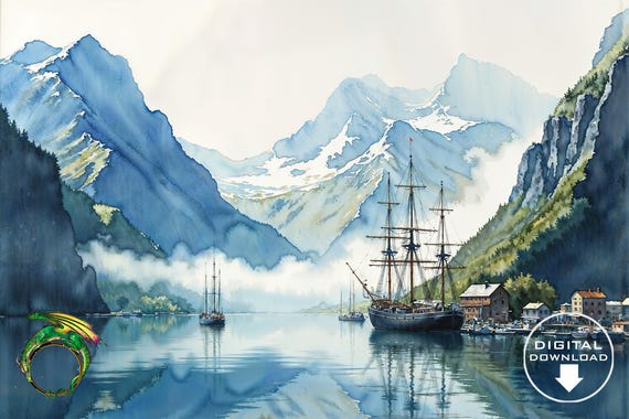 Watercolour Fiord Scene With Three Mast Ship Stunning Landscape Painting Ideal For Nautical Gift Lovers