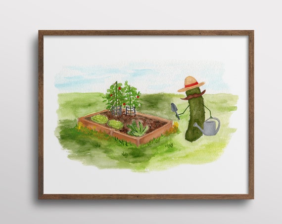Whimsical Pickle With Mustache, Watercolor Art Print