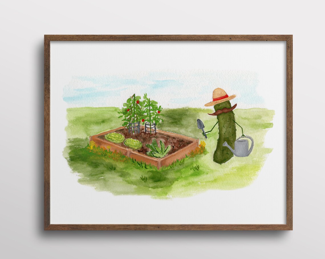 Whimsical Pickle With Mustache, Watercolor Art Print
