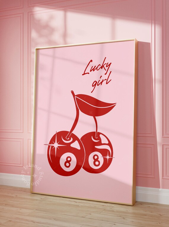 Lucky Girl Cherry 8 Ball Pink Retro Girly Trendy Pop Art Poster