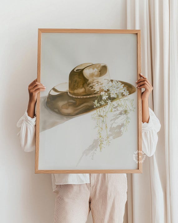 Cowgirl Hat With Flowers Art Print, Western Boho