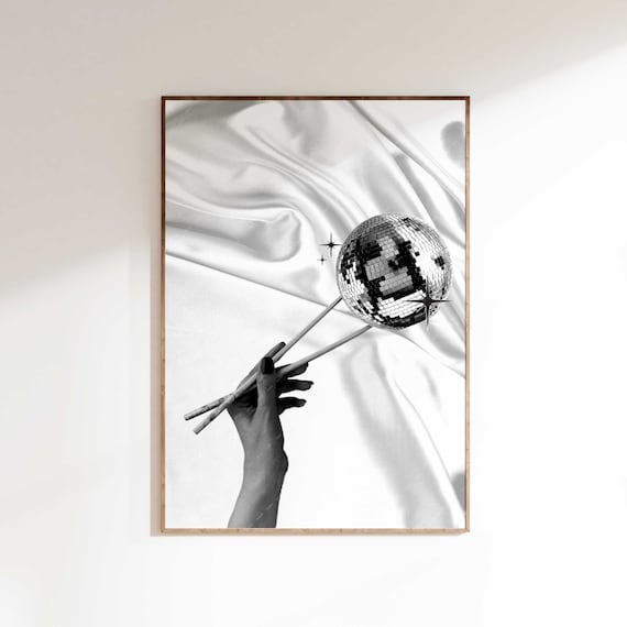 Disco Ball on Chopsticks Black White Trendy Y2K Photography Poster