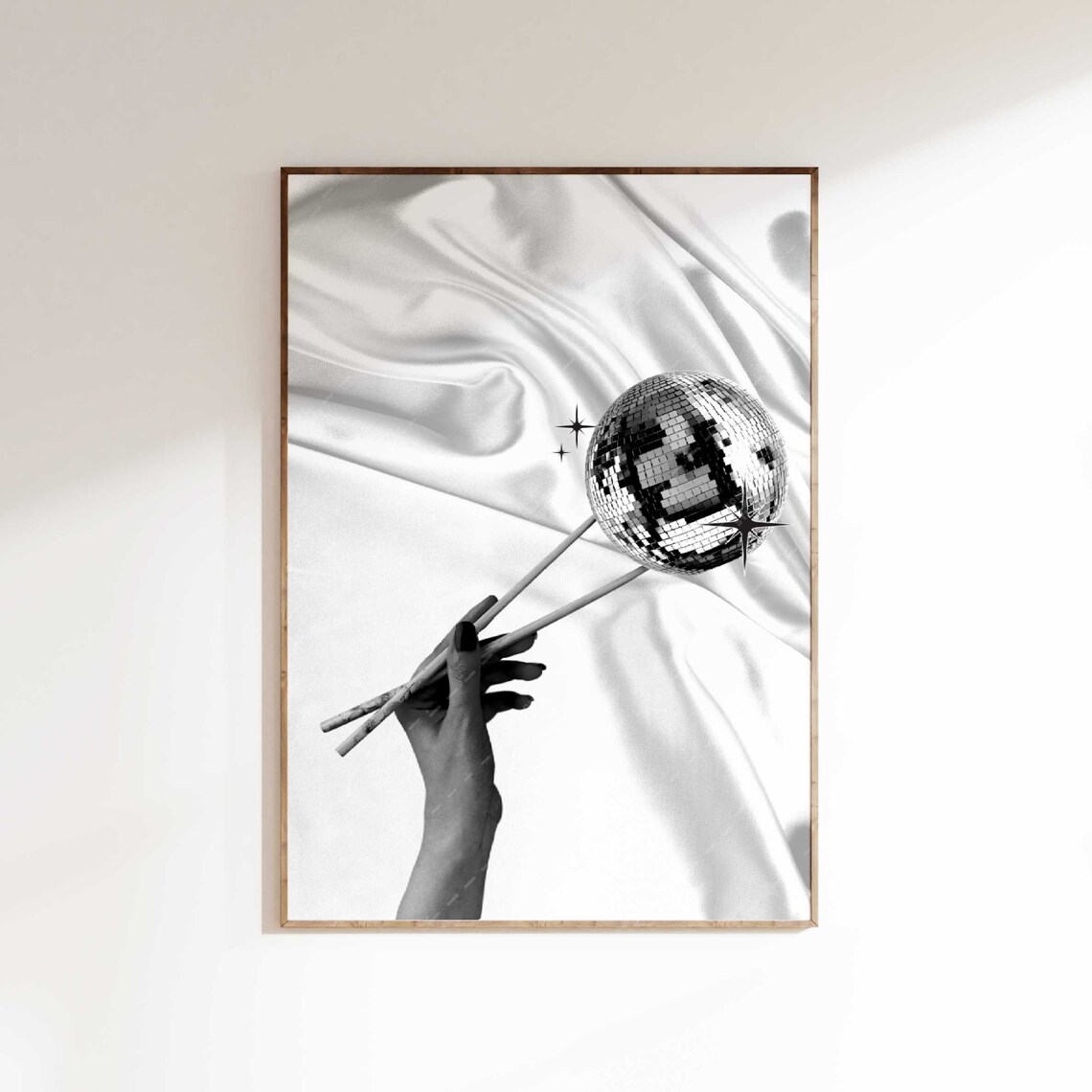 Disco Ball on Chopsticks Black White Trendy Y2K Photography Poster