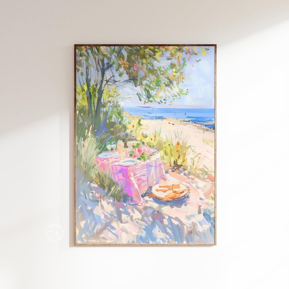 Coastal Summer Beach Picnic Impressionist Oil Painting Poster