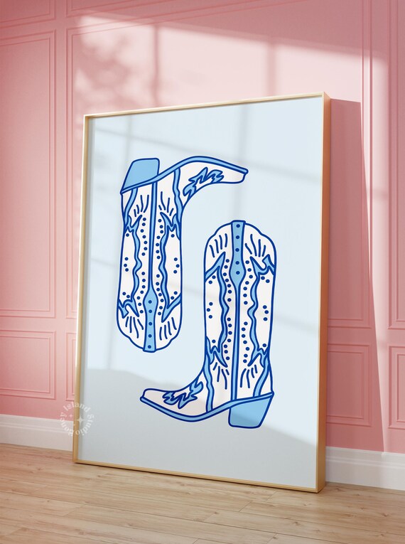 Blue White Cowgirl Boots Simple Line Art Western Decor Poster