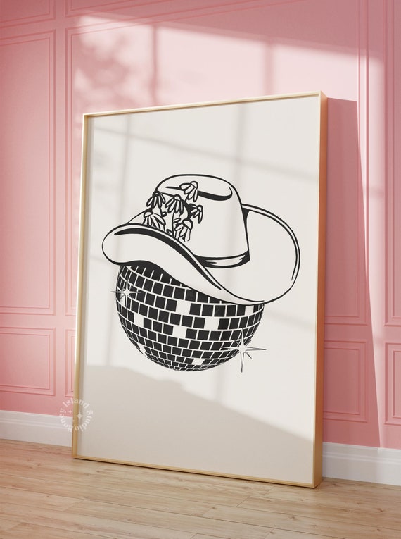 Disco Cowgirl Hat Art Print Vintage Western Minimalist Southern Wall Poster Cute Apartment Decor Unframed